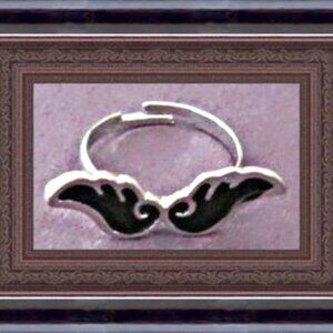 Silver Tone & Black Angel Wing Design Ring Size 7.5 & Adjustable To Fit